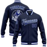 Custom Navy White Varsity Letterman Bomber Jacket Full-Snap Design Custom Navy Royal-White Bomber Full-Snap Varsity Letterman