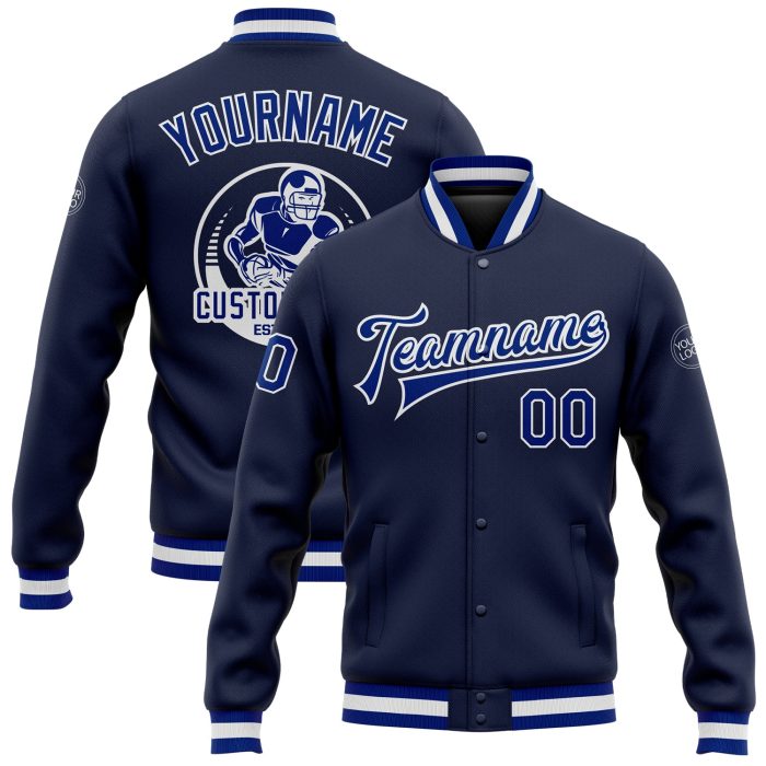 Custom Navy White Varsity Letterman Bomber Jacket Full-Snap Design Custom Navy Royal-White Bomber Full-Snap Varsity Letterman - Image 1
