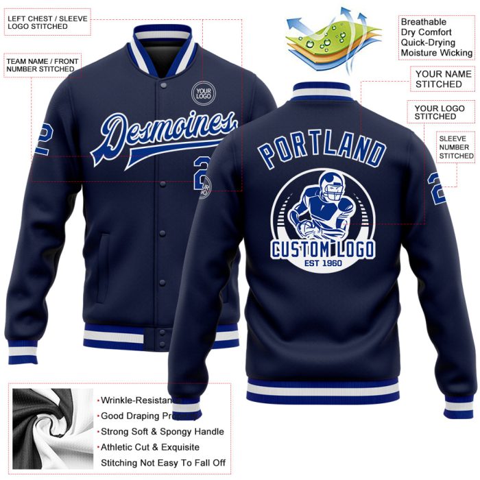 Custom Navy White Varsity Letterman Bomber Jacket Full-Snap Design Custom Navy Royal-White Bomber Full-Snap Varsity Letterman - Image 3