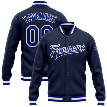 Navy Royal-White Custom Bomber Varsity Letterman Jacket Full-Snap Style 9741 Custom Navy Royal-White Bomber Full-Snap Varsity