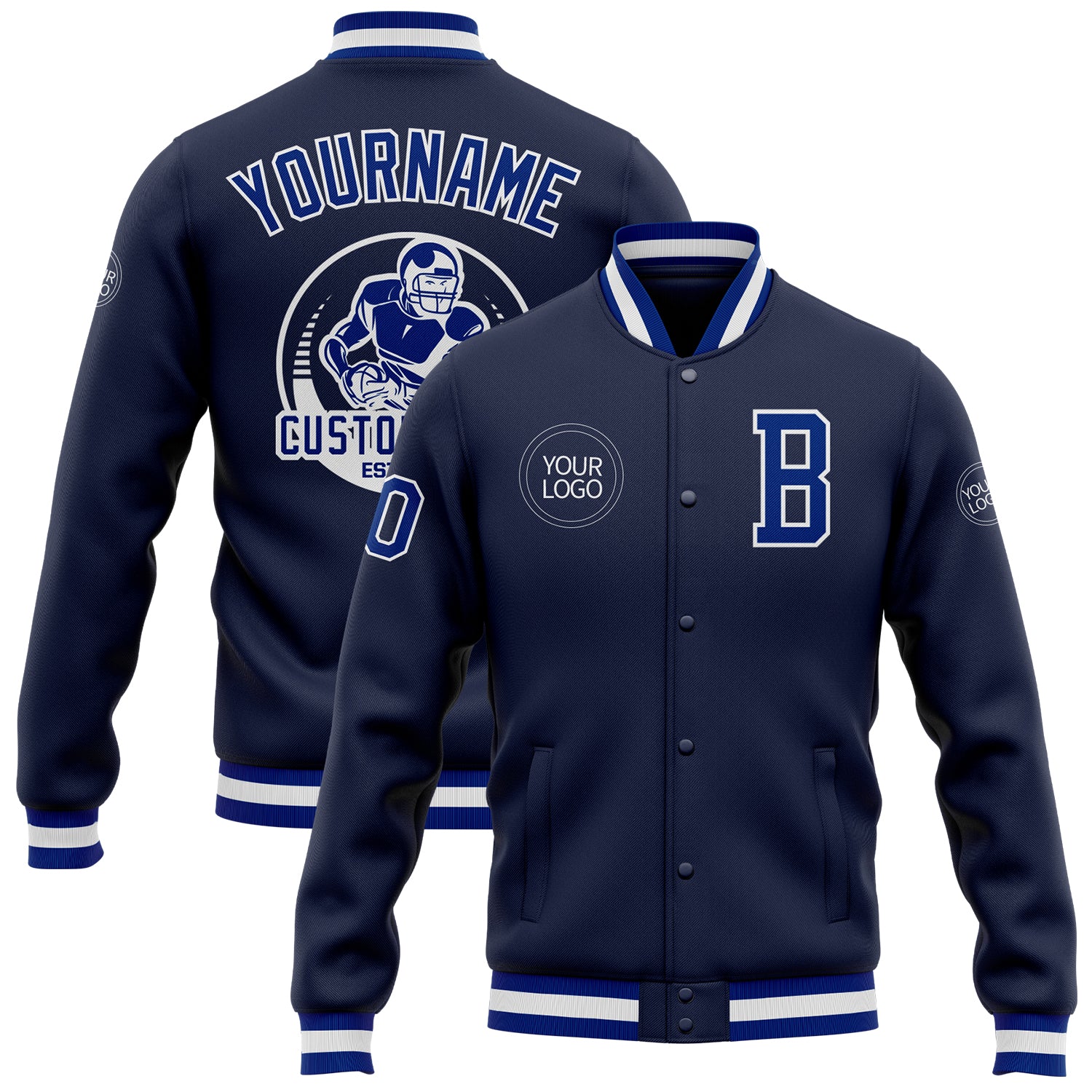 Custom Navy Royal White Varsity Letterman Jacket Full-Snap Style 9768 Custom Navy Royal-White Bomber Full-Snap Varsity Letterman
