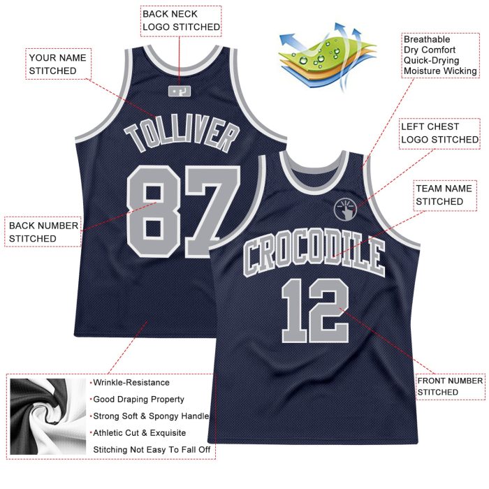 Custom Navy Silver Gray White Basketball Jersey Authentic Throwback Design Custom Navy Silver Gray-White Authentic Throwback - Image 2