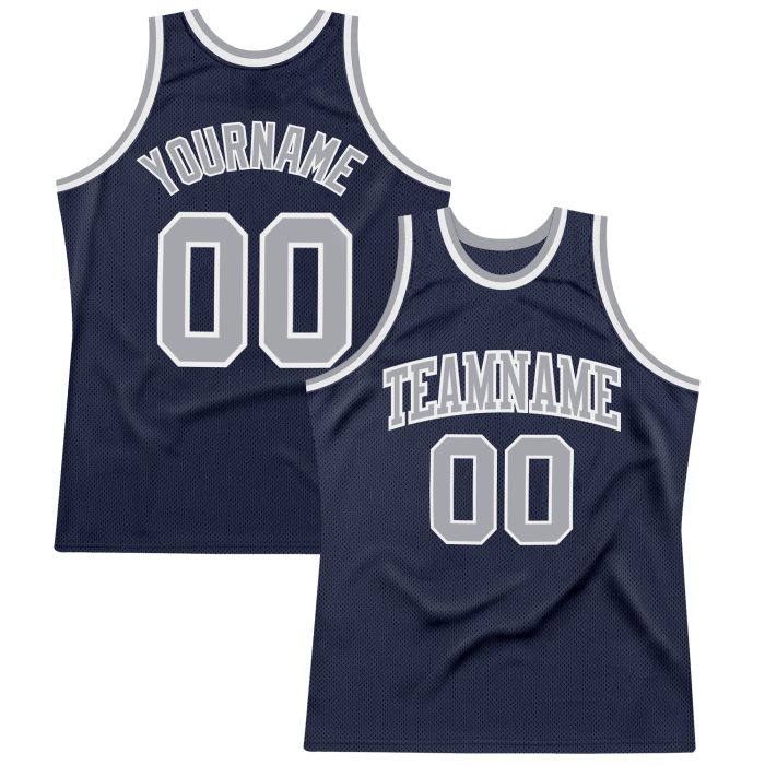 Custom Navy Silver Gray White Basketball Jersey Authentic Throwback Design Custom Navy Silver Gray-White Authentic Throwback - Image 1