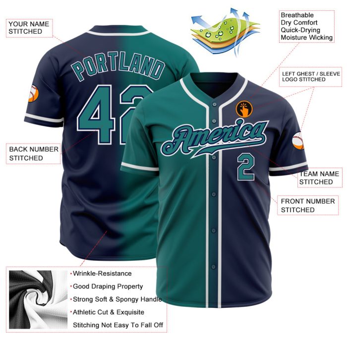 Custom Navy Teal White Authentic Fade Baseball Jersey Fashion Style Custom Navy Teal-White Authentic Fade Fashion Baseball - Image 2