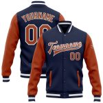 Navy Texas Orange White Two Tone Varsity Letterman Bomber Full-Snap Jacket Custom Navy Texas Orange-White Bomber Full-Snap