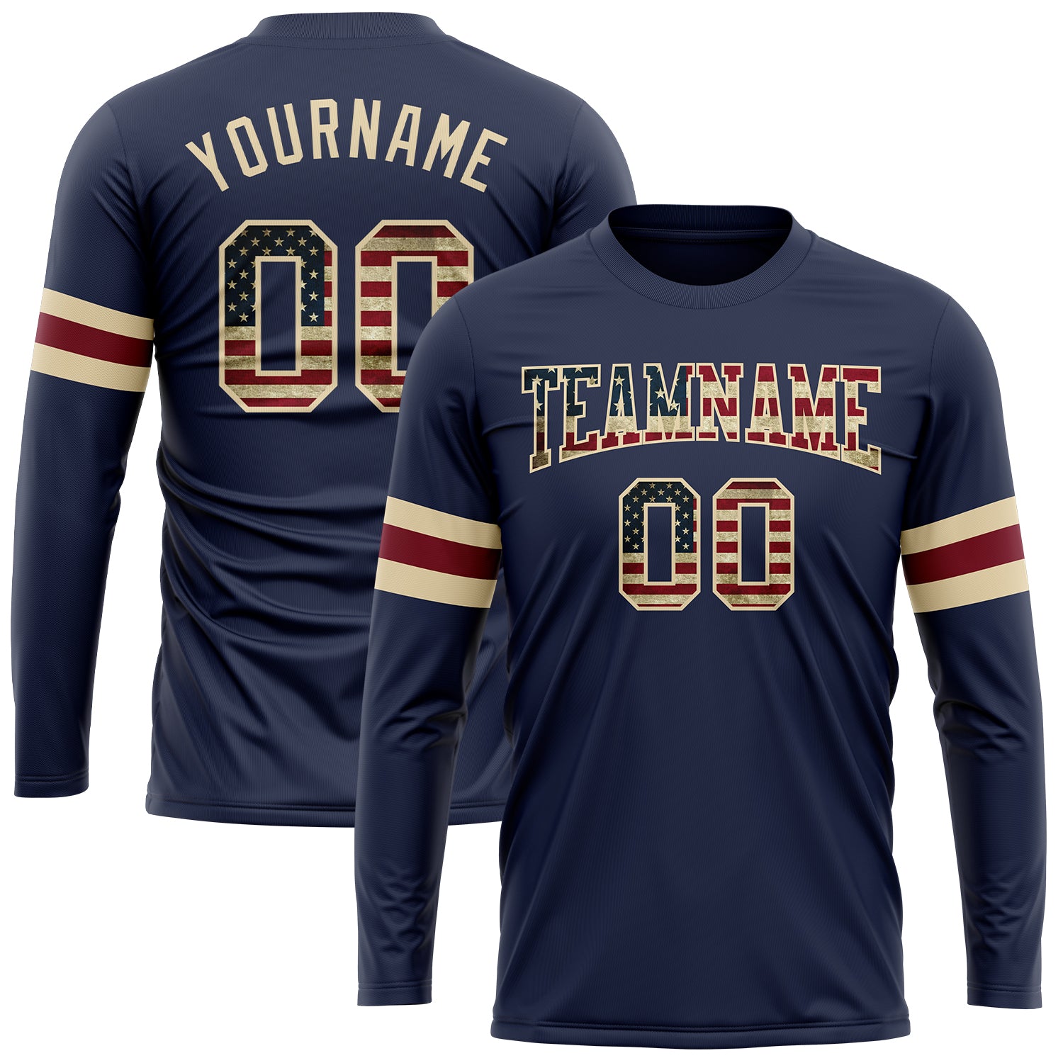 Custom Navy Vintage USA Flag Long Sleeve Performance T-Shirt - Cream and Crimson Salute to Service Custom Navy Vintage USA