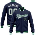 Custom Navy White Kelly Green Gray Bomber Varsity Jacket - Full-Snap Letterman Jacket Custom Navy White Kelly Green-Gray