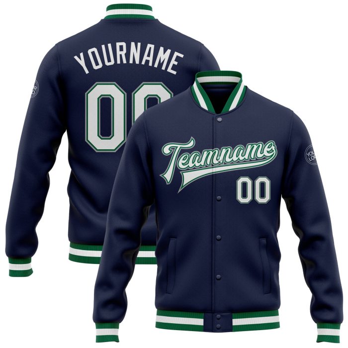 Custom Navy White Kelly Green Gray Bomber Varsity Jacket - Full-Snap Letterman Jacket Custom Navy White Kelly Green-Gray - Image 1