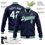 Custom Navy White Kelly Green Gray Bomber Varsity Jacket - Full-Snap Letterman Jacket Custom Navy White Kelly Green-Gray - Image 3
