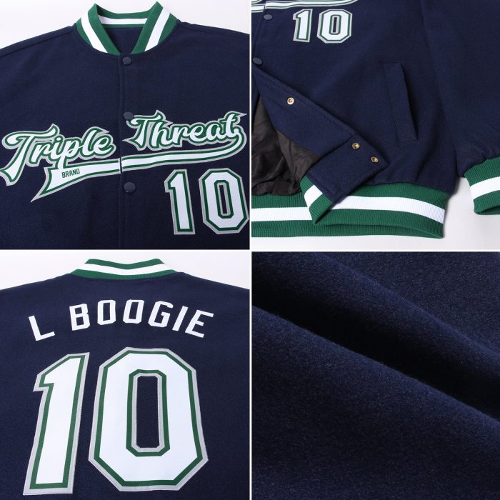 Custom Navy White Kelly Green Gray Bomber Varsity Jacket - Full-Snap Letterman Jacket Custom Navy White Kelly Green-Gray - Image 2