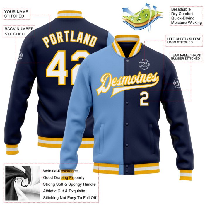Custom Navy White Light Blue Gold Bomber Jacket Full-Snap Varsity Letterman Fashion Custom Navy White Light Blue-Gold Bomber - Image 3
