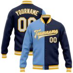 Custom Navy White Light Blue Gold Bomber Jacket Full-Snap Varsity Letterman Fashion Custom Navy White Light Blue-Gold Bomber