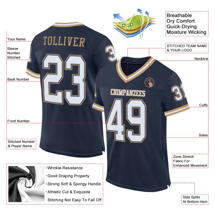 Custom Navy White-Gold Authentic Throwback Football Jersey, Mesh Design Custom Navy White-Old Gold Mesh Authentic Throwback - Image 2