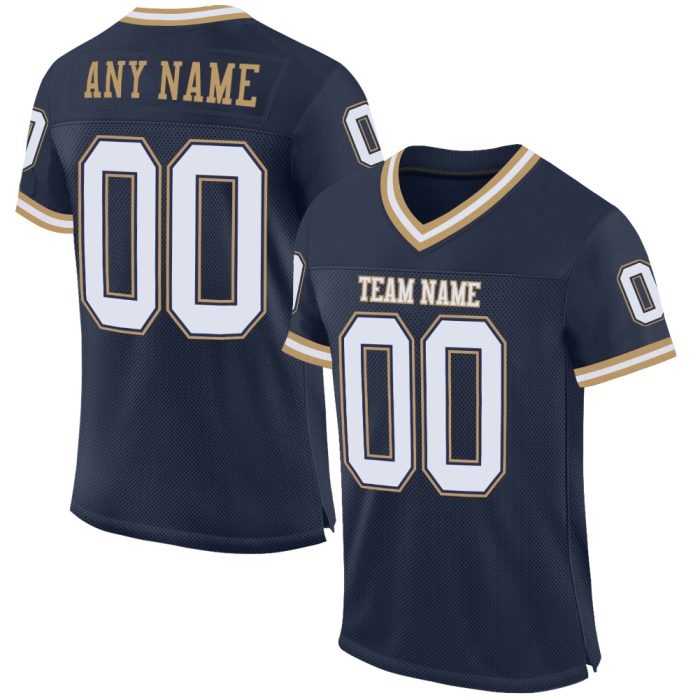 Custom Navy White-Gold Authentic Throwback Football Jersey, Mesh Design Custom Navy White-Old Gold Mesh Authentic Throwback - Image 1