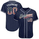Custom Vintage USA Flag Baseball Jersey - Navy White Pinstripe Authentic Design Custom Navy White Pinstripe Vintage USA Flag-White