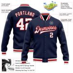 Custom Navy Red White Varsity Letterman Bomber Jacket Full-Snap Design Custom Navy White-Red Bomber Full-Snap Varsity Letterman - Image 3