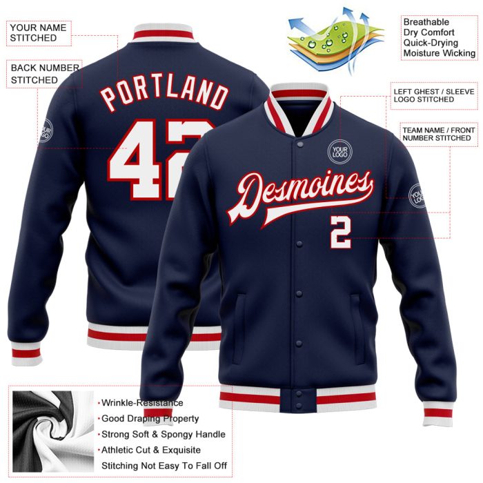 Custom Navy Red White Varsity Letterman Bomber Jacket Full-Snap Design Custom Navy White-Red Bomber Full-Snap Varsity Letterman - Image 3