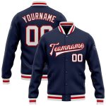 Custom Navy Red White Varsity Letterman Bomber Jacket Full-Snap Design Custom Navy White-Red Bomber Full-Snap Varsity Letterman