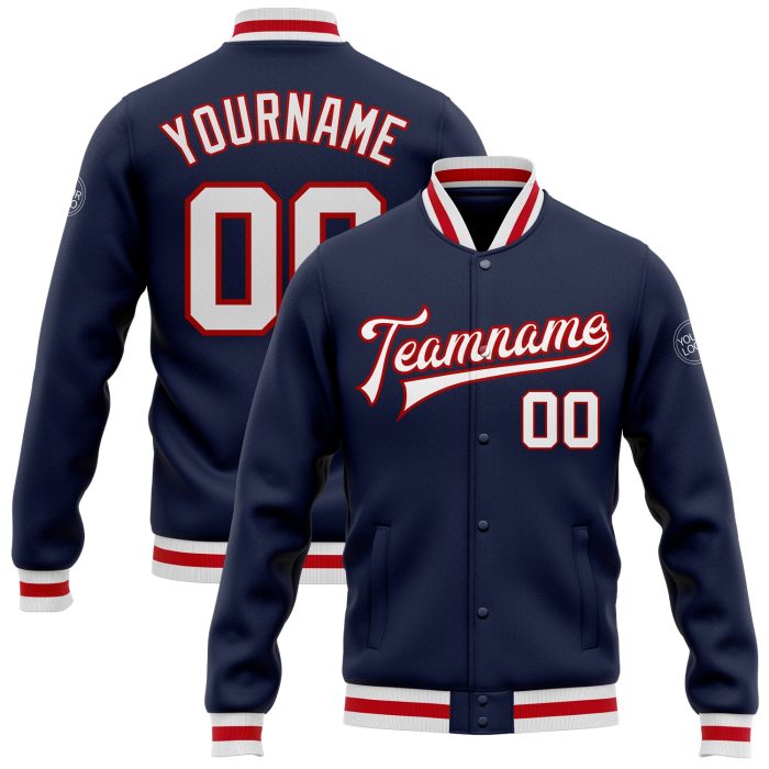 Custom Navy Red White Varsity Letterman Bomber Jacket Full-Snap Design Custom Navy White-Red Bomber Full-Snap Varsity Letterman - Image 1