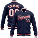 Custom Navy Red White Varsity Letterman Jacket Full-Snap Bomber Style 8872 Custom Navy White-Red Bomber Full-Snap Varsity