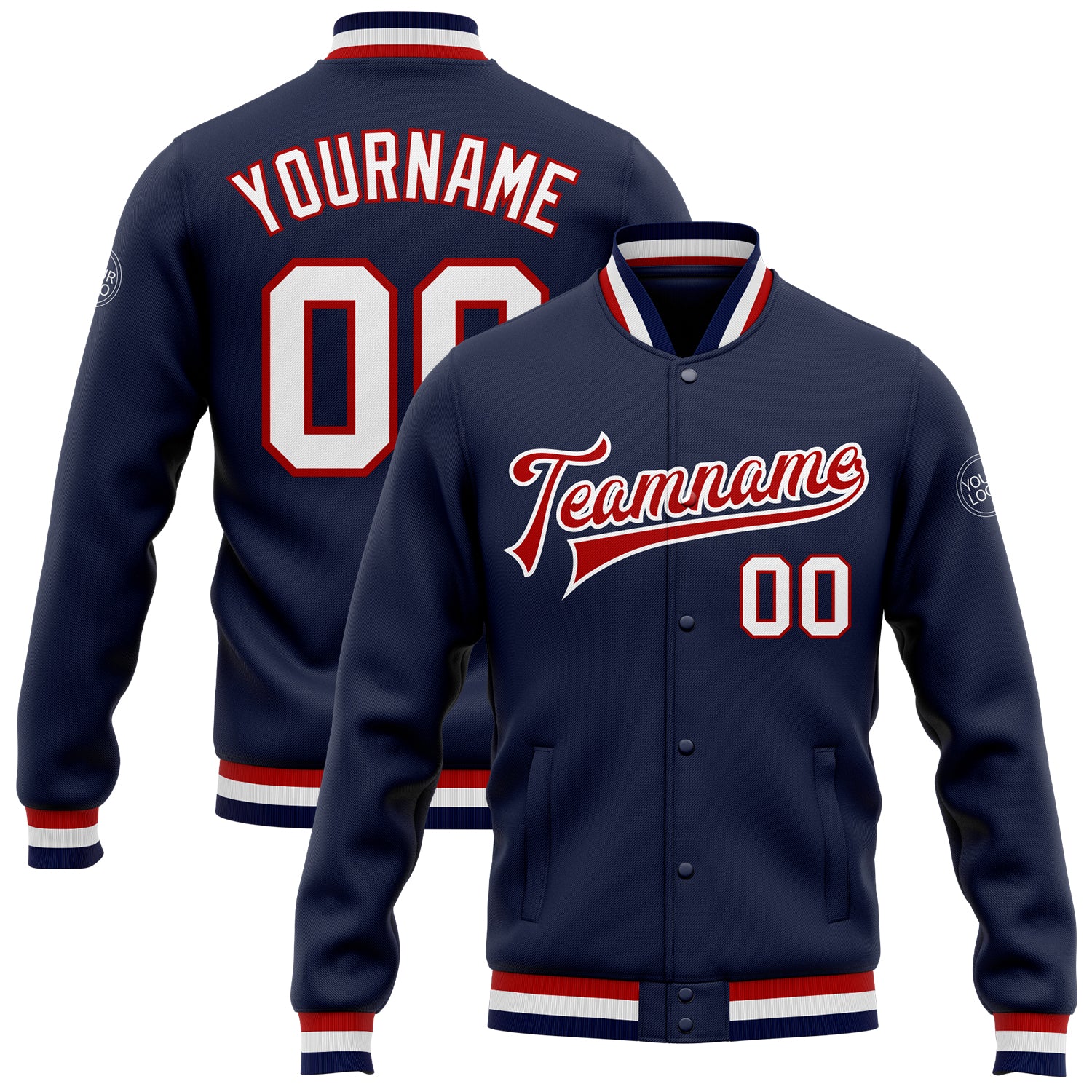 Custom Navy Red White Varsity Letterman Jacket Full-Snap Bomber Style 8872 Custom Navy White-Red Bomber Full-Snap Varsity