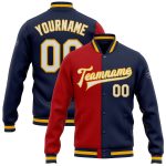 Custom Navy Red Gold Bomber Jacket Full-Snap Varsity Letterman Fashion Split Design Custom Navy White Red-Gold Bomber Full-Snap