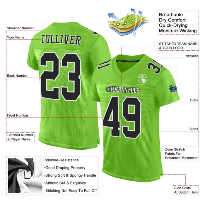 Neon Green Black White Custom Authentic Football Jersey, Mesh Design Custom Neon Green Black-White Mesh Authentic Football - Image 2
