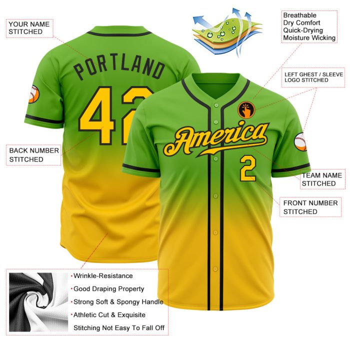 Authentic Fade Fashion Baseball Jersey - Custom Neon Green Gold-Black Color Custom Neon Green Gold-Black Authentic Fade Fashion - Image 2