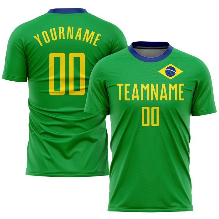 Brazilian Flag Soccer Jersey Custom Neon Green and Gold-Royal Sublimation Design Custom Neon Green Gold-Royal Sublimation - Image 1