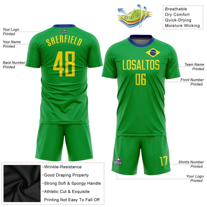 Brazilian Flag Soccer Jersey Custom Neon Green and Gold-Royal Sublimation Design Custom Neon Green Gold-Royal Sublimation - Image 3