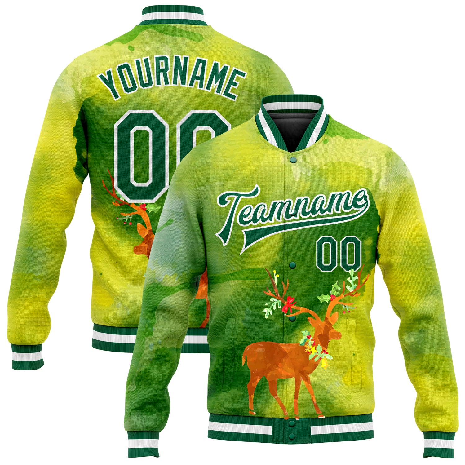 Neon Green Kelly Green Gold Christmas 3D Bomber Varsity Letterman Jacket Full-Snap Custom Neon Green Kelly Green-Gold Christmas