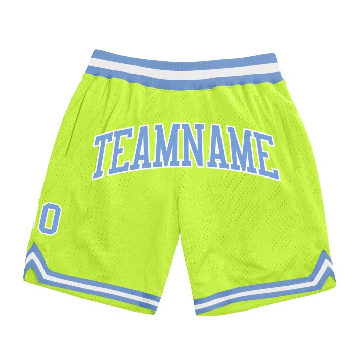 Authentic Neon Green Throwback Basketball Shorts, Blue White Design, Custom Fit Custom Neon Green Light Blue-White Authentic - Image 1