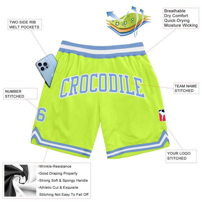 Authentic Neon Green Throwback Basketball Shorts, Blue White Design, Custom Fit Custom Neon Green Light Blue-White Authentic - Image 2