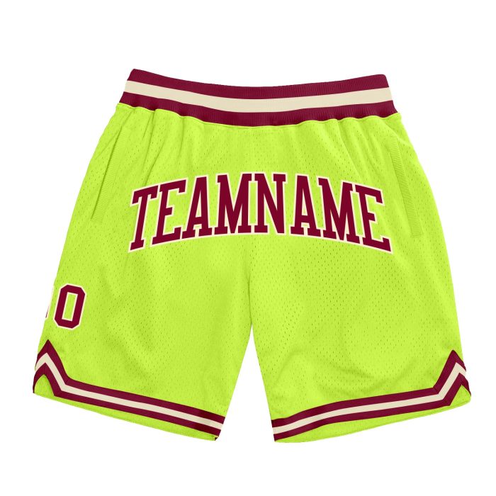 Neon Green Maroon-Cream Throwback Basketball Shorts - Custom Authentic Design Custom Neon Green Maroon-Cream Authentic Throwback - Image 1