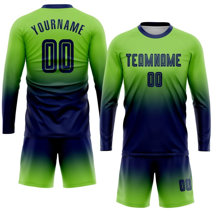 Neon Green Navy Sublimation Soccer Uniform Jersey Long Sleeve Fade Design Custom Neon Green Navy Sublimation Long Sleeve - Image 2