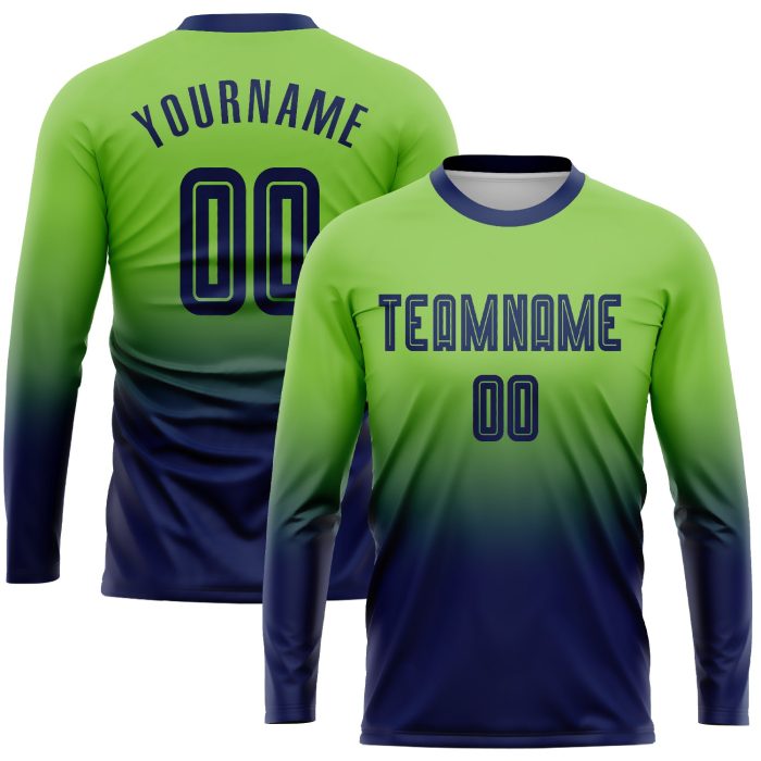 Neon Green Navy Sublimation Soccer Uniform Jersey Long Sleeve Fade Design Custom Neon Green Navy Sublimation Long Sleeve - Image 1
