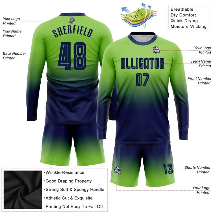 Neon Green Navy Sublimation Soccer Uniform Jersey Long Sleeve Fade Design Custom Neon Green Navy Sublimation Long Sleeve - Image 3