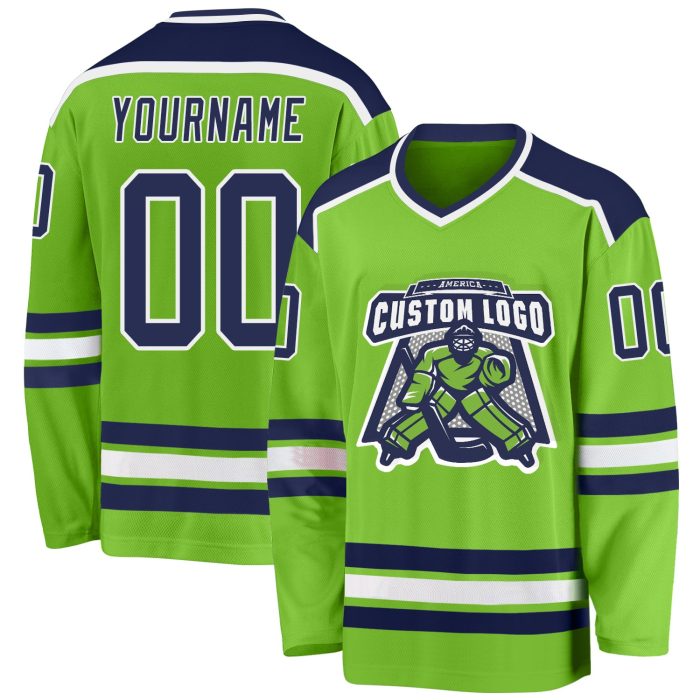 Neon Green Navy White Hockey Jersey Custom Design for Teams and Fans Custom Neon Green Navy-White Hockey Jersey - Image 1