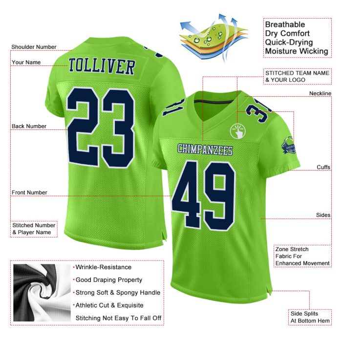 Neon Green Navy White Custom Football Jersey - Authentic Mesh Design Custom Neon Green Navy-White Mesh Authentic Football - Image 2