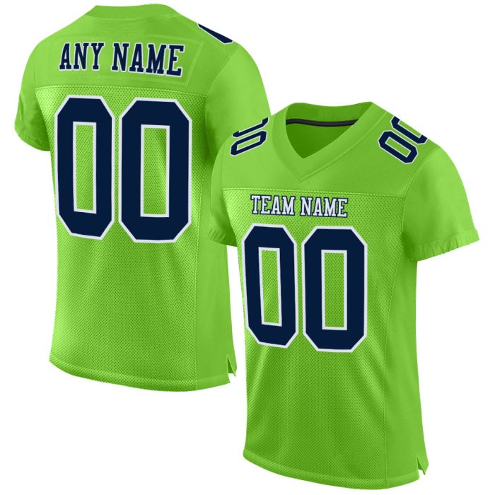 Neon Green Navy White Custom Football Jersey - Authentic Mesh Design Custom Neon Green Navy-White Mesh Authentic Football - Image 1