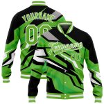 Custom Neon Green Black-Gray 3D Pattern Varsity Letterman Full-Snap Bomber Jacket Custom Neon Green Neon Green Black-Gray