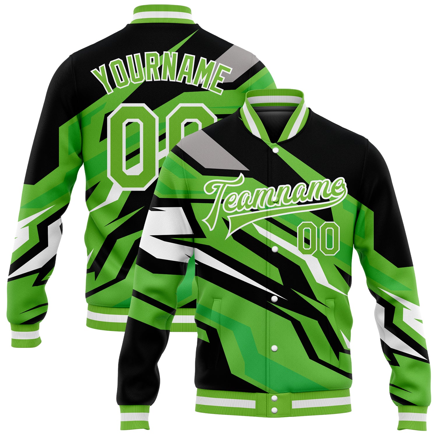 Custom Neon Green Black-Gray 3D Pattern Varsity Letterman Full-Snap Bomber Jacket Custom Neon Green Neon Green Black-Gray