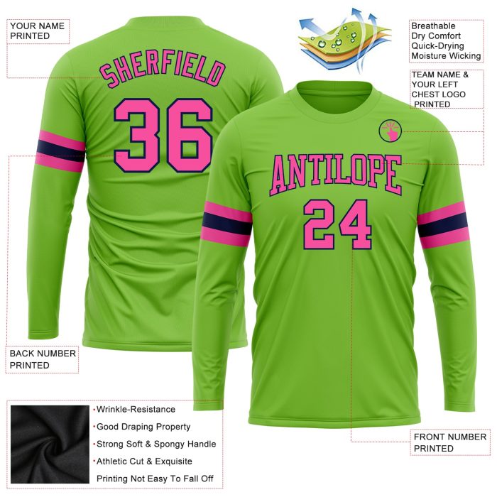 Neon Green Pink Navy Long Sleeve Performance Shirt - Custom Fitness Tee Custom Neon Green Pink-Navy Long Sleeve Performance - Image 3