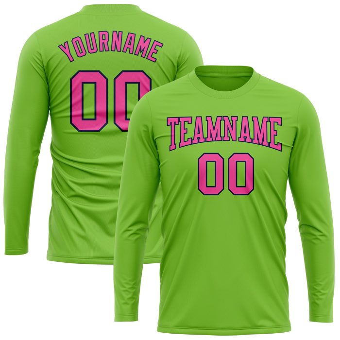Neon Green Pink Navy Long Sleeve Performance Shirt - Custom Fitness Tee Custom Neon Green Pink-Navy Long Sleeve Performance - Image 2