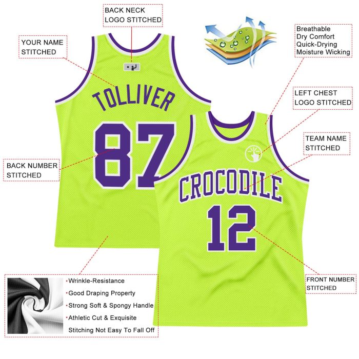Neon Green Purple White Throwback Basketball Jersey - Custom Authentic Sportswear Custom Neon Green Purple-White Authentic - Image 2