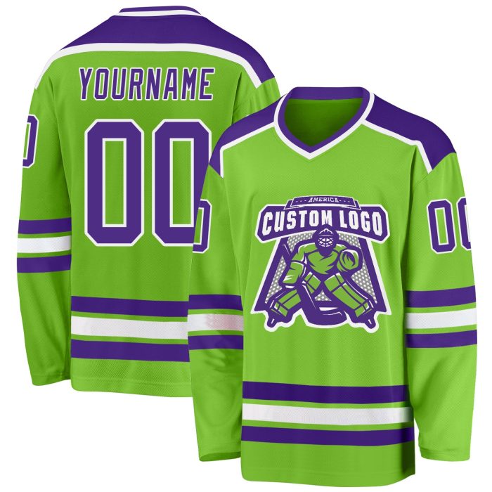 Neon Green Purple White Custom Hockey Jersey - Personalized Sports Apparel Custom Neon Green Purple-White Hockey Jersey - Image 1