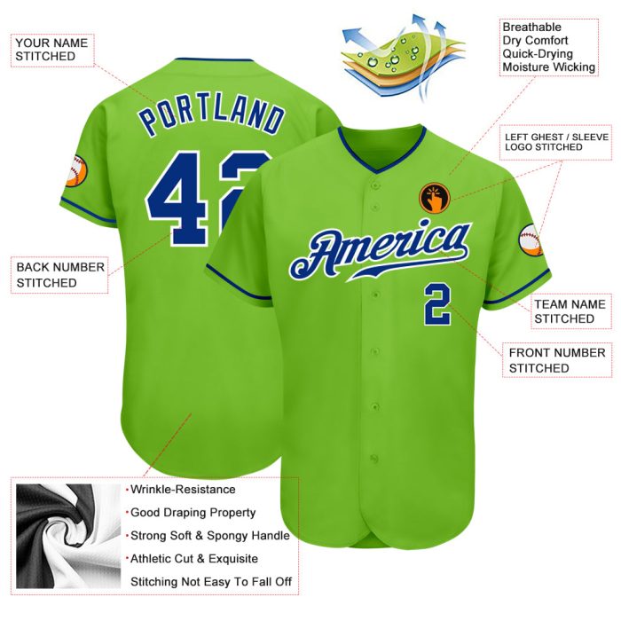 Neon Green Baseball Jersey - Custom Royal-White Authentic Design Custom Neon Green Royal-White Authentic Baseball Jersey - Image 3