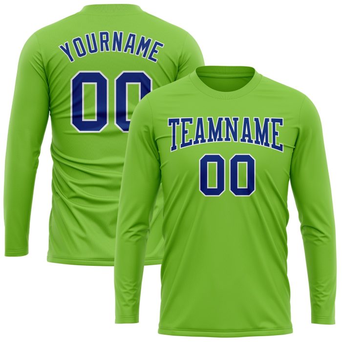 Neon Green Long Sleeve Performance T-Shirt - Custom Royal-White Design Custom Neon Green Royal-White Long Sleeve Performance - Image 2