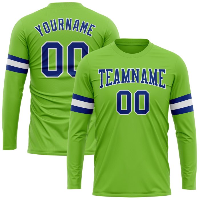 Neon Green Long Sleeve Performance T-Shirt - Custom Royal-White Design Custom Neon Green Royal-White Long Sleeve Performance - Image 1