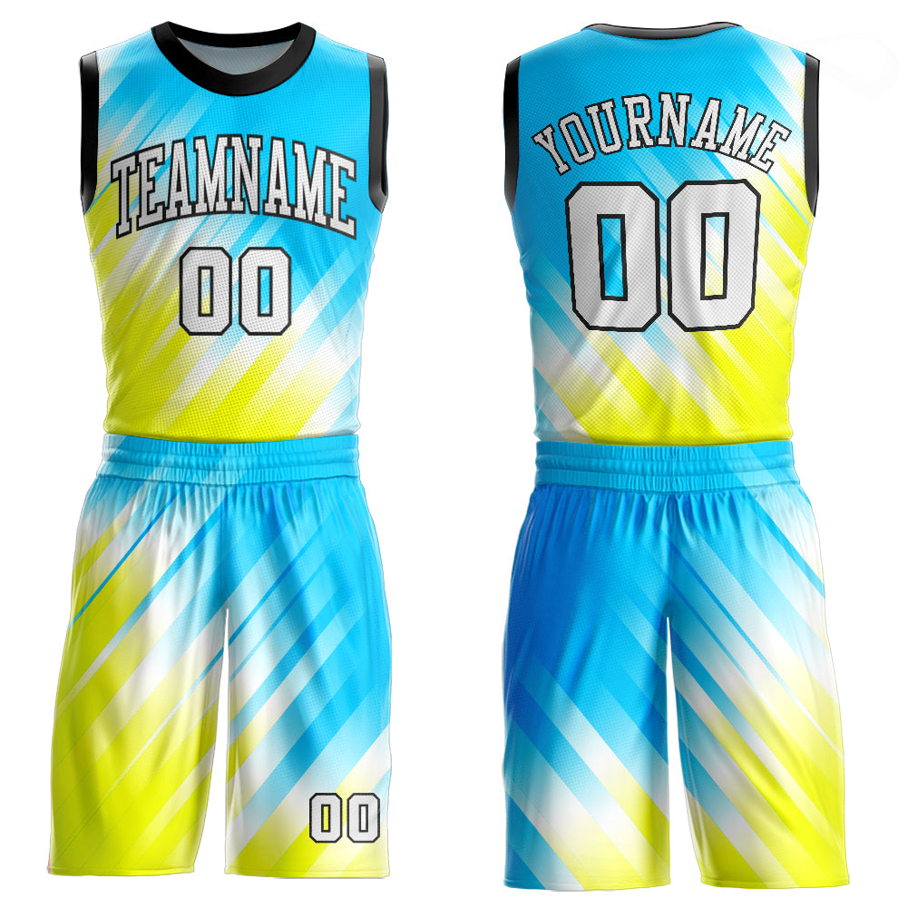 Neon Green White Light Blue Basketball Jersey Custom Round Neck Sublimation Suit Custom Neon Green White-Light Blue Round